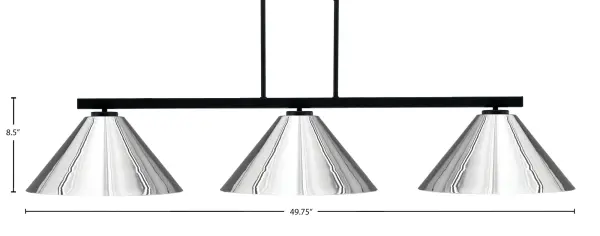 The Atlas 3-Light Island Pendant combines striking matte black finish with eye-catching chrome cone shades for a contemporary industrial look. Perfect for kitchen islands and dining areas, this fixture offers excellent adjustability and ample illumination. - alternate view