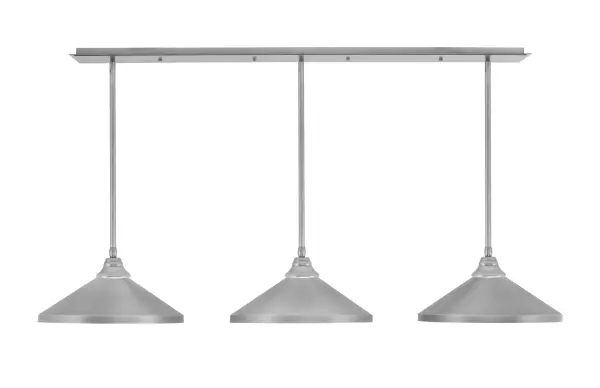 This modern 3-light linear pendant combines industrial style with contemporary elegance. The brushed nickel finish and cone shades create focused task lighting ideal for kitchen islands and dining areas. Adjustable height and sloped ceiling compatibility make it versatile for various spaces.