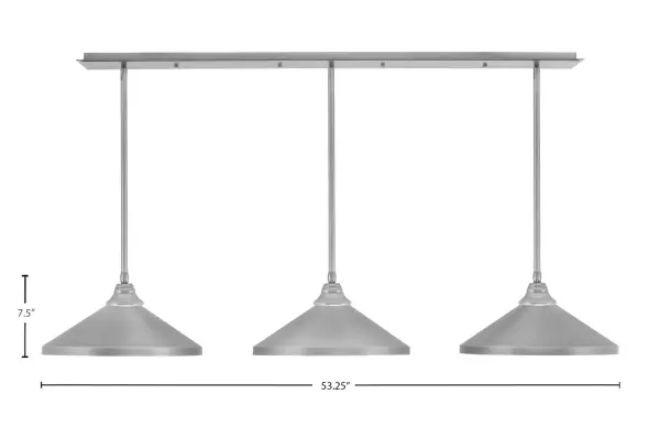 This modern 3-light linear pendant combines industrial style with contemporary elegance. The brushed nickel finish and cone shades create focused task lighting ideal for kitchen islands and dining areas. Adjustable height and sloped ceiling compatibility make it versatile for various spaces. - alternate view