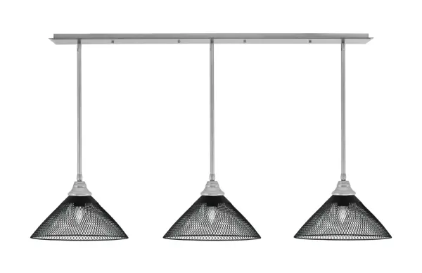This 3-light linear pendant combines brushed nickel hardware with distinctive matte black mesh cone shades for an industrial-modern aesthetic. The 48-inch length makes it ideal for kitchen islands and dining tables, while adjustable stem sections allow customization from 11.5 to 62.5 inches.