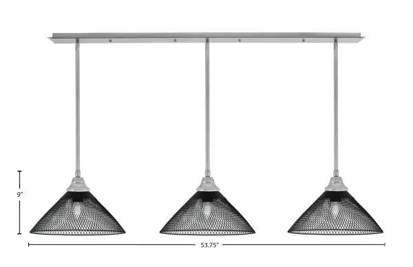 This 3-light linear pendant combines brushed nickel hardware with distinctive matte black mesh cone shades for an industrial-modern aesthetic. The 48-inch length makes it ideal for kitchen islands and dining tables, while adjustable stem sections allow customization from 11.5 to 62.5 inches. - alternate view