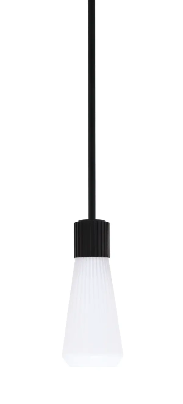 The Everleigh Mini Pendant delivers refined simplicity with its matte black finish and white opal ribbed glass shade. At just 4 inches wide, it's perfect for tight spaces or clustered installations over islands and bars.