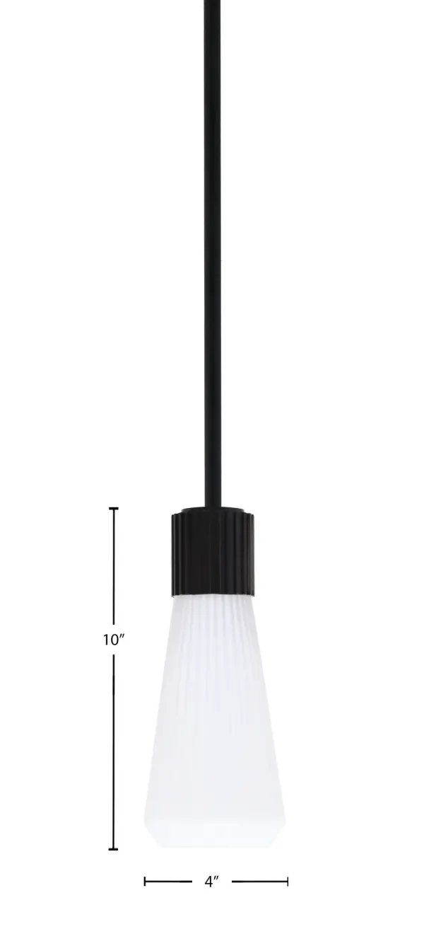 The Everleigh Mini Pendant delivers refined simplicity with its matte black finish and white opal ribbed glass shade. At just 4 inches wide, it's perfect for tight spaces or clustered installations over islands and bars. - alternate view