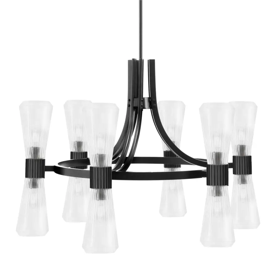 Everleigh 12 Light Chandelier in Matte Black with Clear Ribbed Glass - Image 1
