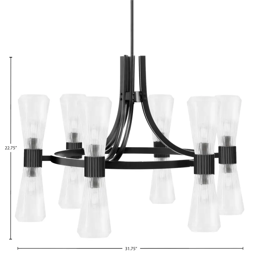 Everleigh 12 Light Chandelier in Matte Black with Clear Ribbed Glass - Image 2
