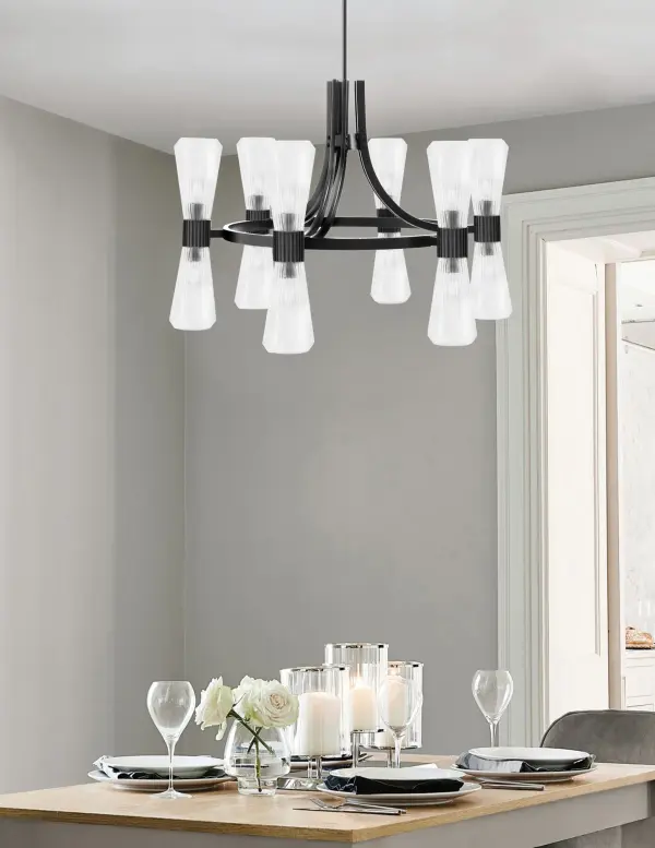 Everleigh 12 Light Chandelier in Matte Black with Clear Ribbed Glass - Image 3
