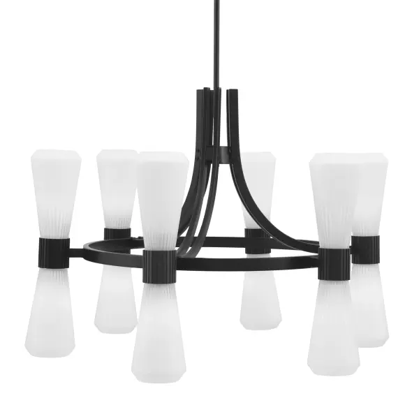 The Everleigh 12-light chandelier delivers dramatic impact with its sleek matte black finish and twelve white opal glass shades. At nearly 32 inches wide, this substantial fixture provides excellent illumination for large spaces while maintaining clean, modern lines.