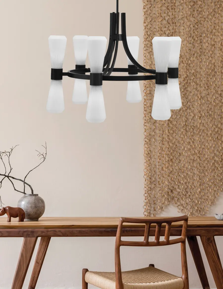 Everleigh 12 Light Chandelier in Matte Black with White Opal Ribbed Glass - Image 3