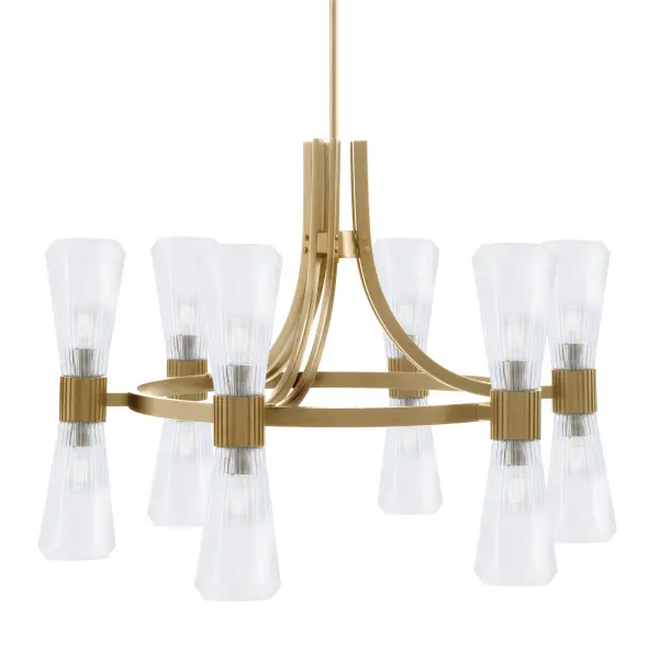 The Everleigh brings sophisticated drama with twelve ribbed glass shades and a warm New Age Brass finish. Its substantial 31.75-inch width makes it perfect for large dining rooms and open-concept spaces where a bold focal point is desired.