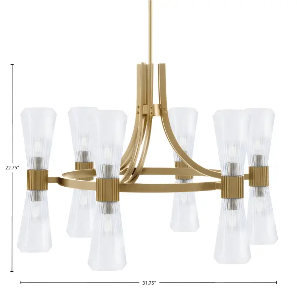 The Everleigh brings sophisticated drama with twelve ribbed glass shades and a warm New Age Brass finish. Its substantial 31.75-inch width makes it perfect for large dining rooms and open-concept spaces where a bold focal point is desired. - alternate view