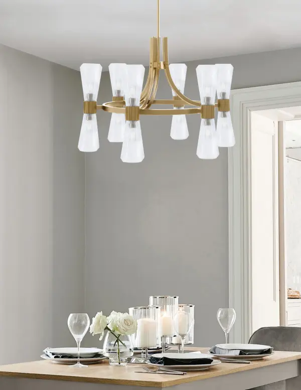Everleigh 12 Light Chandelier in New Age Brass with Clear Ribbed Glass - Image 3