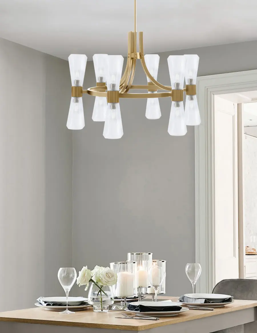 Everleigh 12 Light Chandelier in New Age Brass with Clear Ribbed Glass - Image 3