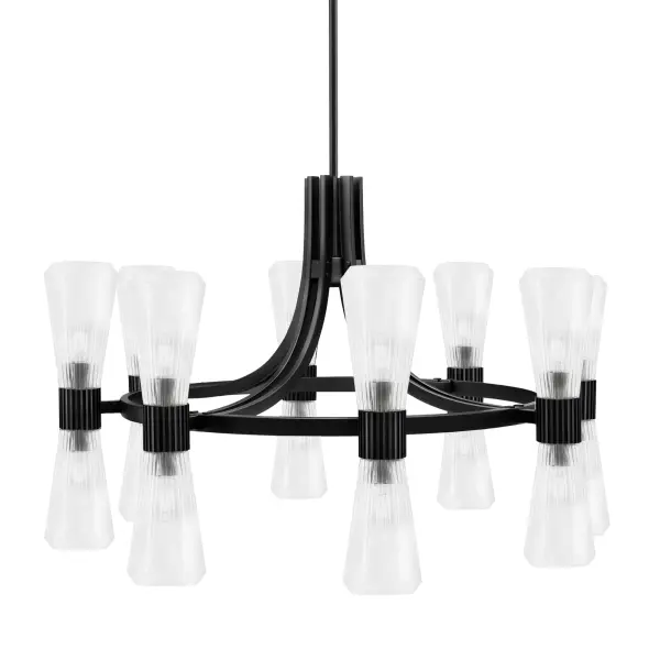 The Everleigh chandelier commands attention with its impressive 36.5-inch width and 16 lights. Clean lines meet textured ribbed glass in a matte black finish, creating a bold focal point perfect for large dining rooms and grand entryways.