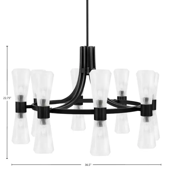 The Everleigh chandelier commands attention with its impressive 36.5-inch width and 16 lights. Clean lines meet textured ribbed glass in a matte black finish, creating a bold focal point perfect for large dining rooms and grand entryways. - alternate view