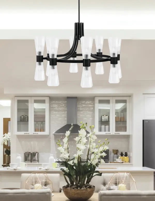 Everleigh 16-Light Chandelier in Matte Black with Clear Ribbed Glass - Image 3