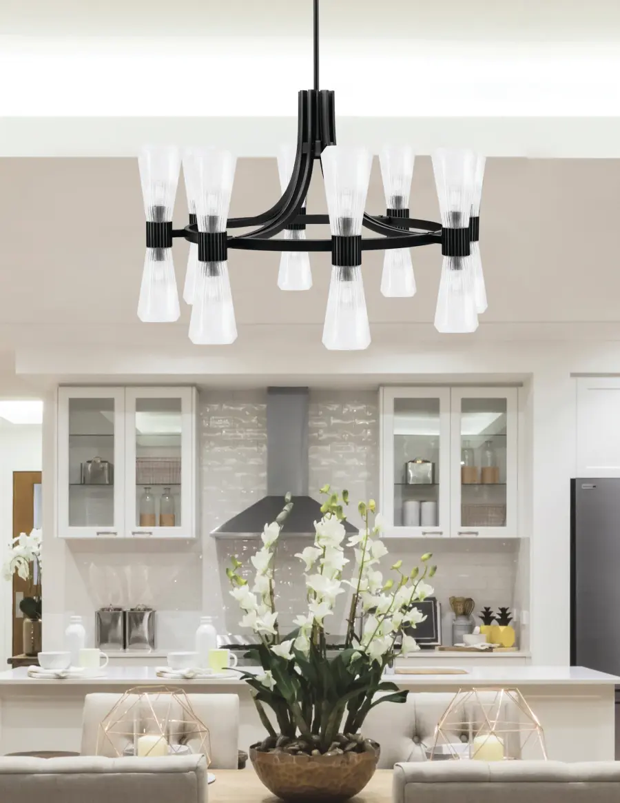 Everleigh 16-Light Chandelier in Matte Black with Clear Ribbed Glass - Image 3