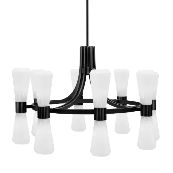The Everleigh 16-Light Chandelier commands attention with its clean, tiered design and matte black finish. Sixteen evenly spaced white opal glass shades provide soft, diffused illumination while the architectural form adds modern sophistication to any large space.