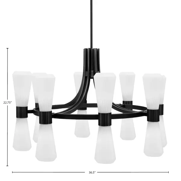 The Everleigh 16-Light Chandelier commands attention with its clean, tiered design and matte black finish. Sixteen evenly spaced white opal glass shades provide soft, diffused illumination while the architectural form adds modern sophistication to any large space. - alternate view