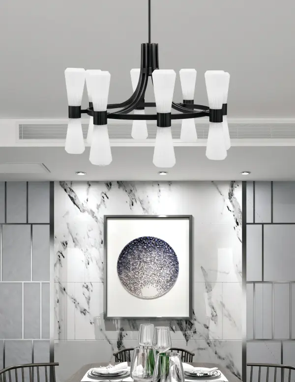 Everleigh 16 Light Chandelier in Matte Black with White Opal Glass - Image 3