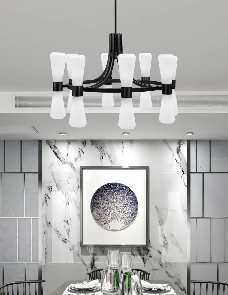 Everleigh 16 Light Chandelier in Matte Black with White Opal Glass - Image 3