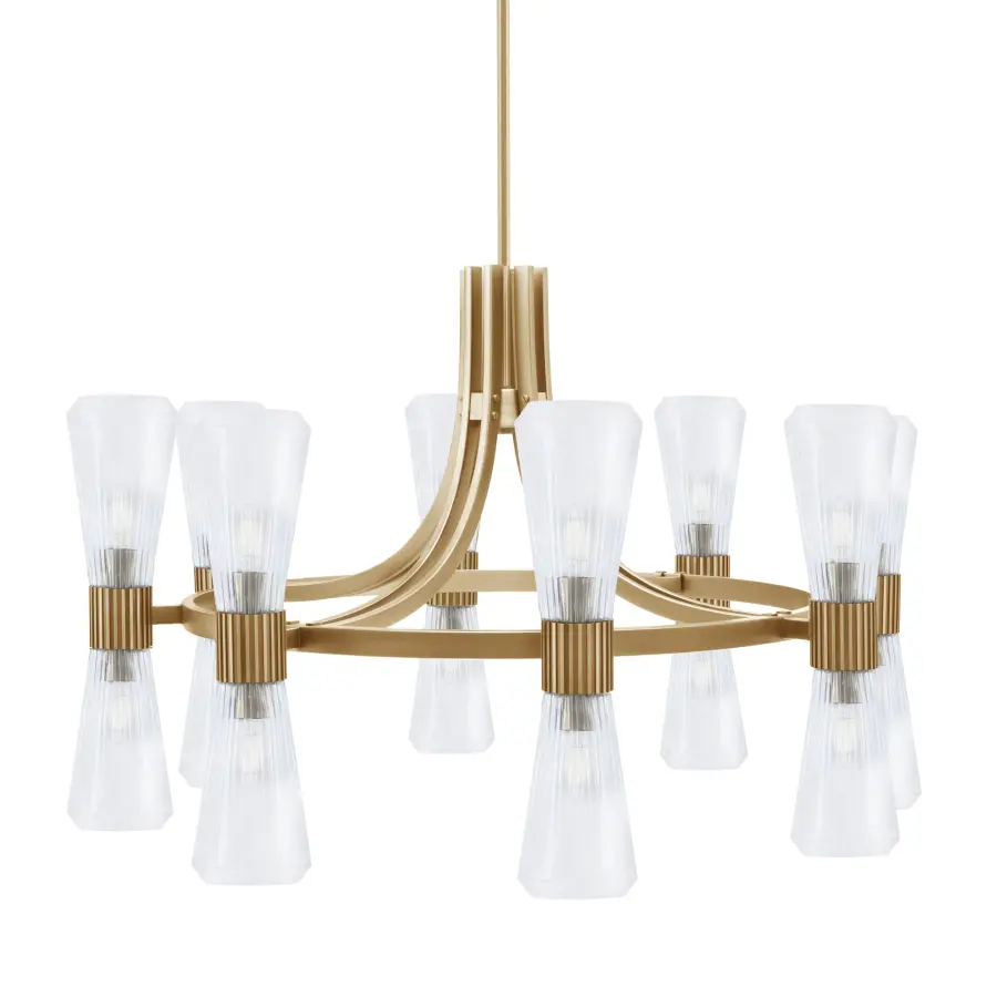 Everleigh 16 Light Chandelier in New Age Brass with Clear Ribbed Glass - Image 1