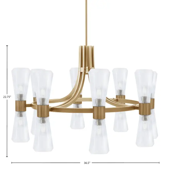 The Everleigh 16-Light Chandelier commands attention with its generous 36.5-inch width and warm New Age Brass finish. Sixteen clear ribbed glass shades create brilliant, welcoming illumination while adding visual texture and dimension to large spaces. - alternate view