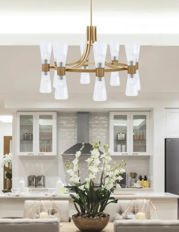 Everleigh 16 Light Chandelier in New Age Brass with Clear Ribbed Glass - Image 3