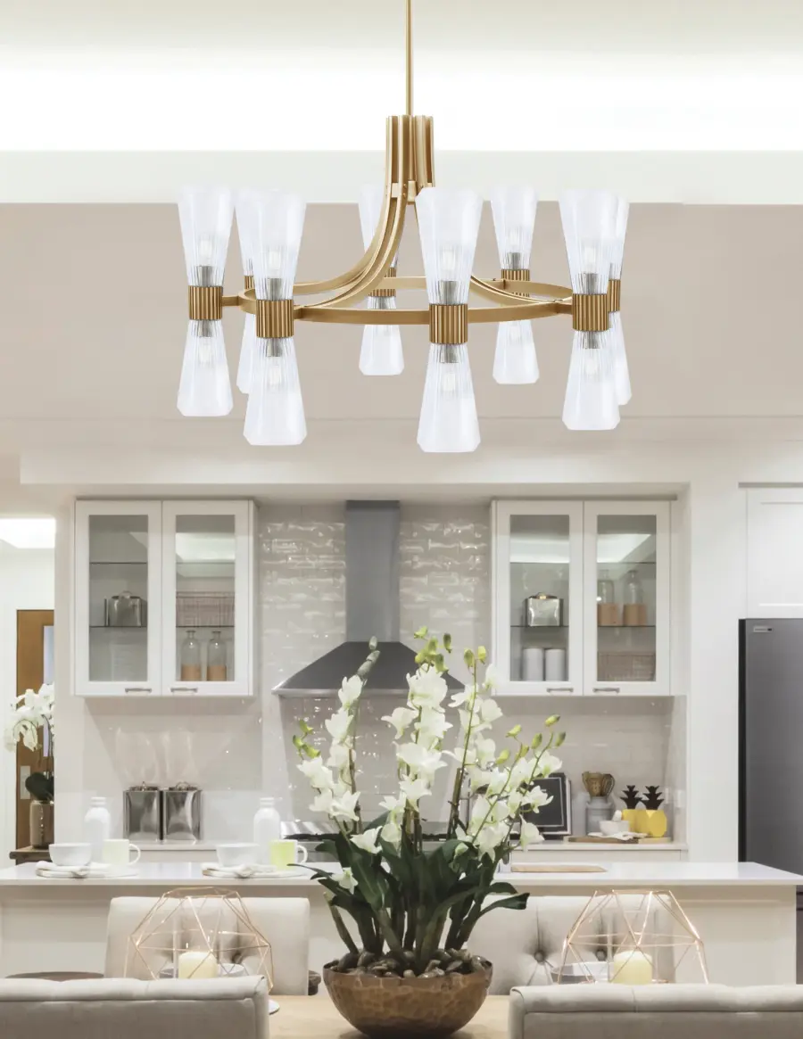 Everleigh 16 Light Chandelier in New Age Brass with Clear Ribbed Glass - Image 3