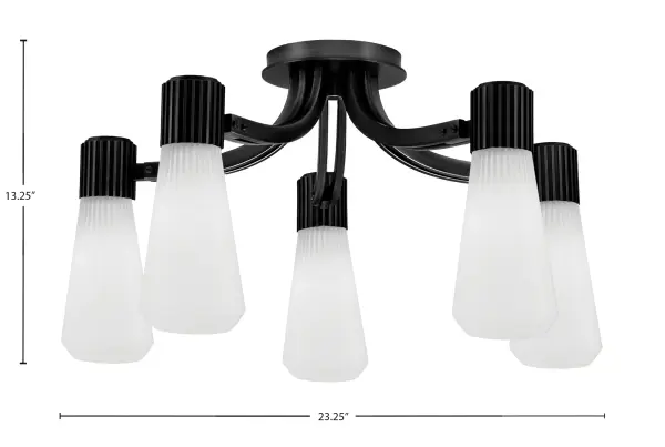 The Everleigh 5-Light Semi-Flush strikes a perfect balance between contemporary style and vintage-inspired details. Its matte black finish provides a bold, modern foundation while the ribbed opal glass shades add texture and warmth. - alternate view