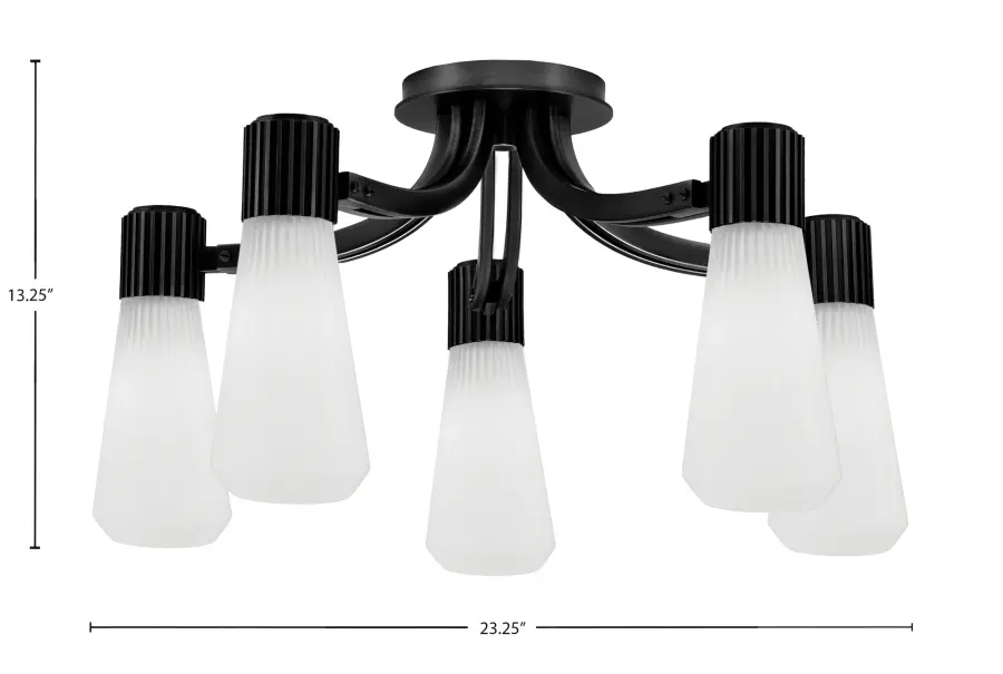 Everleigh 5-Light Semi-Flush in Matte Black with White Opal Ribbed Glass - Image 2