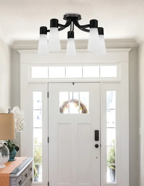 Everleigh 5-Light Semi-Flush in Matte Black with White Opal Ribbed Glass - Image 3