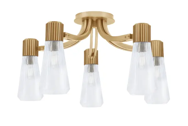 The Everleigh 5-Light Semi-Flush combines classic New Age Brass with textured clear ribbed glass shades for refined illumination. Its 23.25" width suits medium-sized rooms while the semi-flush design works well with standard ceiling heights.