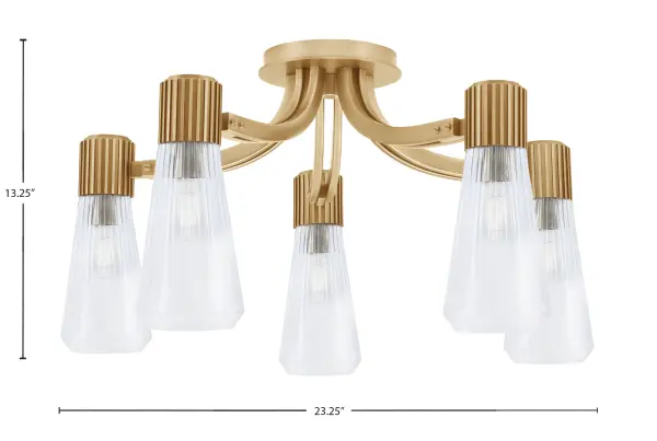 The Everleigh 5-Light Semi-Flush combines classic New Age Brass with textured clear ribbed glass shades for refined illumination. Its 23.25" width suits medium-sized rooms while the semi-flush design works well with standard ceiling heights. - alternate view