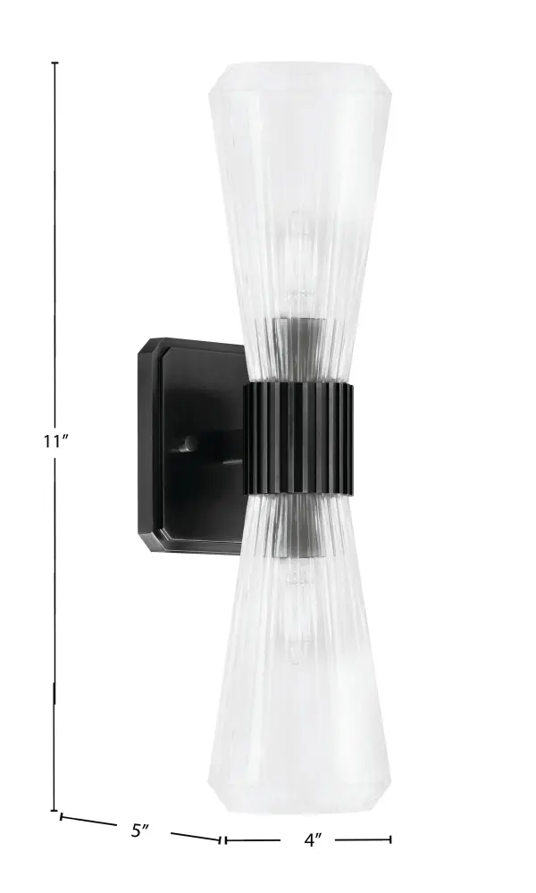 Toltec Lighting 4820-MB-880 Everleigh 2 Light Wall Sconce, Matte Black Finish, 4″ Clear Ribbed Glass - Image 2