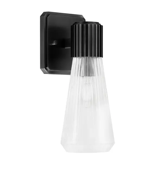 The Everleigh Wall Sconce combines bold industrial styling with refined details. Its matte black finish and clear ribbed glass shade create warm, textured lighting perfect for modern and transitional spaces.