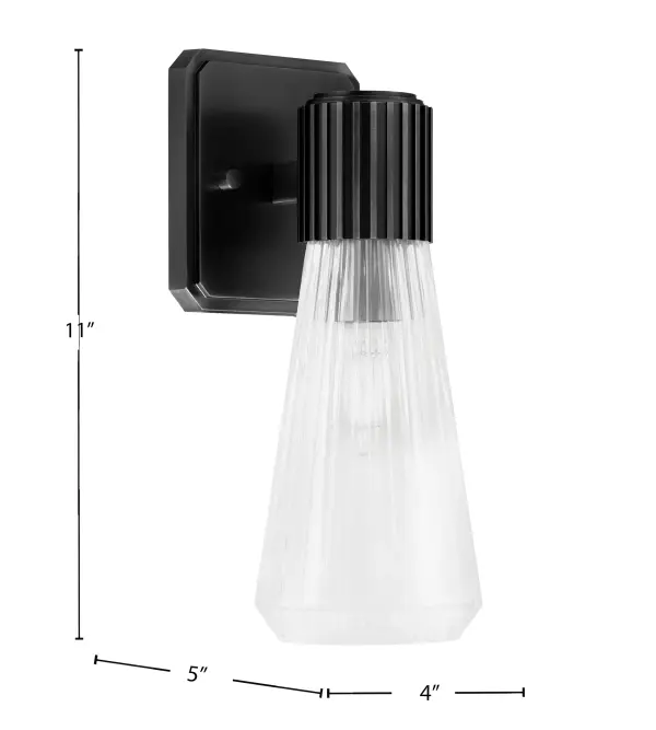 The Everleigh Wall Sconce combines bold industrial styling with refined details. Its matte black finish and clear ribbed glass shade create warm, textured lighting perfect for modern and transitional spaces. - alternate view