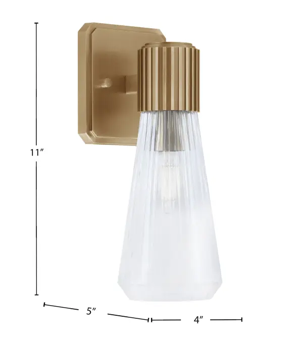 The Everleigh Wall Sconce combines contemporary brass finish with timeless ribbed glass texture. Its compact 4-inch width and versatile up/down mounting make it ideal for layered lighting in bathrooms, hallways, and accent walls. - alternate view