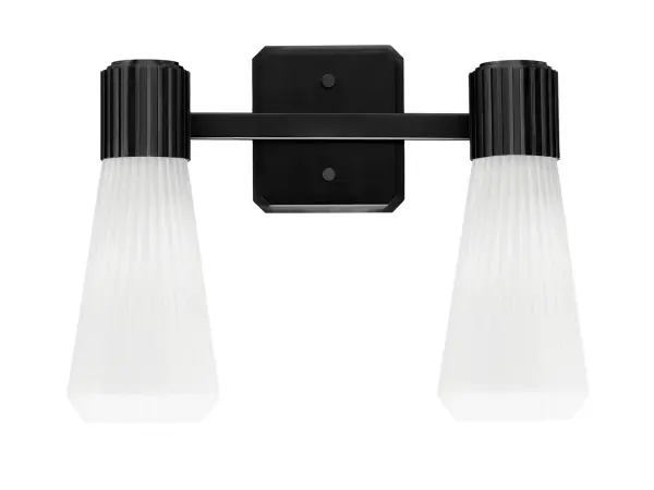 The Everleigh 2-Light Bath Bar combines contemporary style with practical functionality. Its matte black finish and white opal ribbed glass shades create soft, diffused lighting perfect for bathroom tasks while adding modern sophistication.