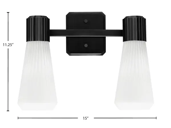 The Everleigh 2-Light Bath Bar combines contemporary style with practical functionality. Its matte black finish and white opal ribbed glass shades create soft, diffused lighting perfect for bathroom tasks while adding modern sophistication. - alternate view