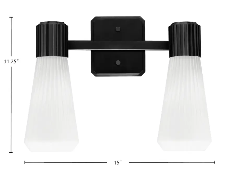 Everleigh 2-Light Bath Bar in Matte Black with White Opal Ribbed Glass - Image 2
