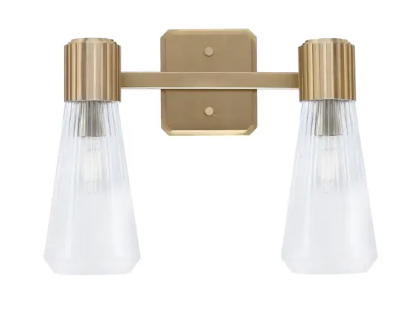The Everleigh 2 Light Bath Bar combines clean lines with textured ribbed glass for a sophisticated modern look. Its New Age Brass finish adds warmth while the dual lights provide excellent task lighting for bathrooms.