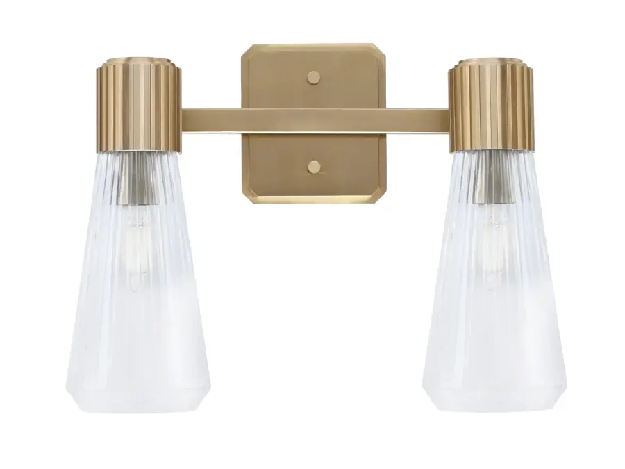 Everleigh 2 Light Bath Bar in New Age Brass with Clear Ribbed Glass - Image 1