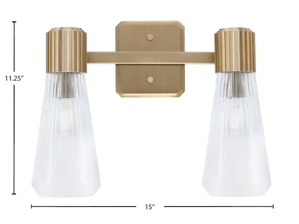 The Everleigh 2 Light Bath Bar combines clean lines with textured ribbed glass for a sophisticated modern look. Its New Age Brass finish adds warmth while the dual lights provide excellent task lighting for bathrooms. - alternate view