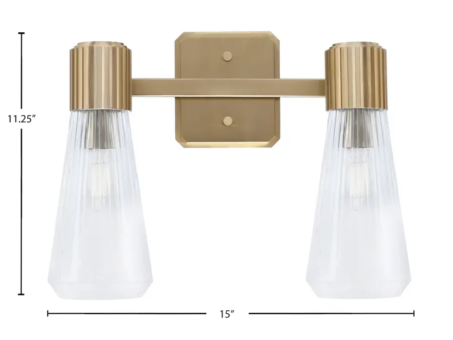 Everleigh 2 Light Bath Bar in New Age Brass with Clear Ribbed Glass - Image 2