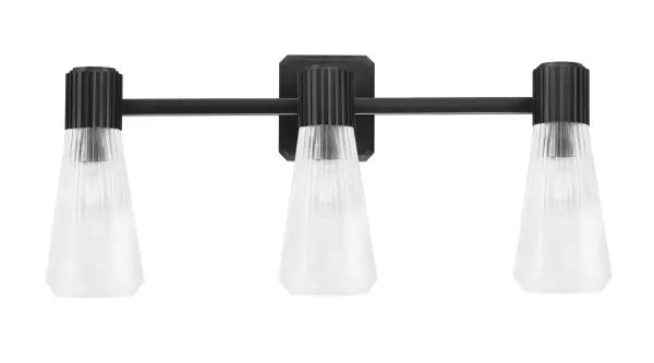 The Everleigh 3 Light Bath Bar combines modern industrial style with practical functionality. Its matte black finish and clear ribbed glass shades create soft, diffused lighting perfect for vanity applications.