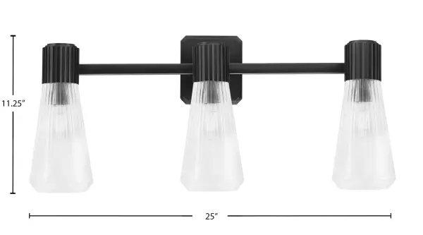 The Everleigh 3 Light Bath Bar combines modern industrial style with practical functionality. Its matte black finish and clear ribbed glass shades create soft, diffused lighting perfect for vanity applications. - alternate view