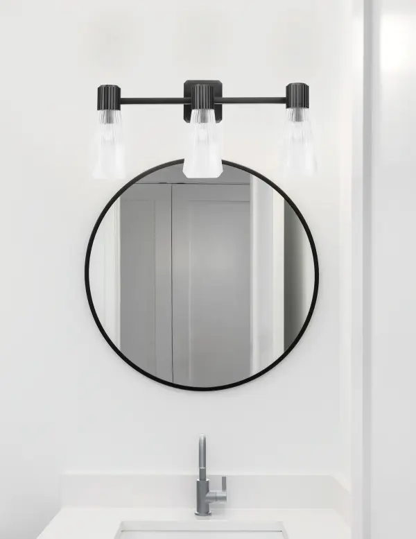 Everleigh 3 Light Bath Bar in Matte Black with Clear Ribbed Glass - Image 3