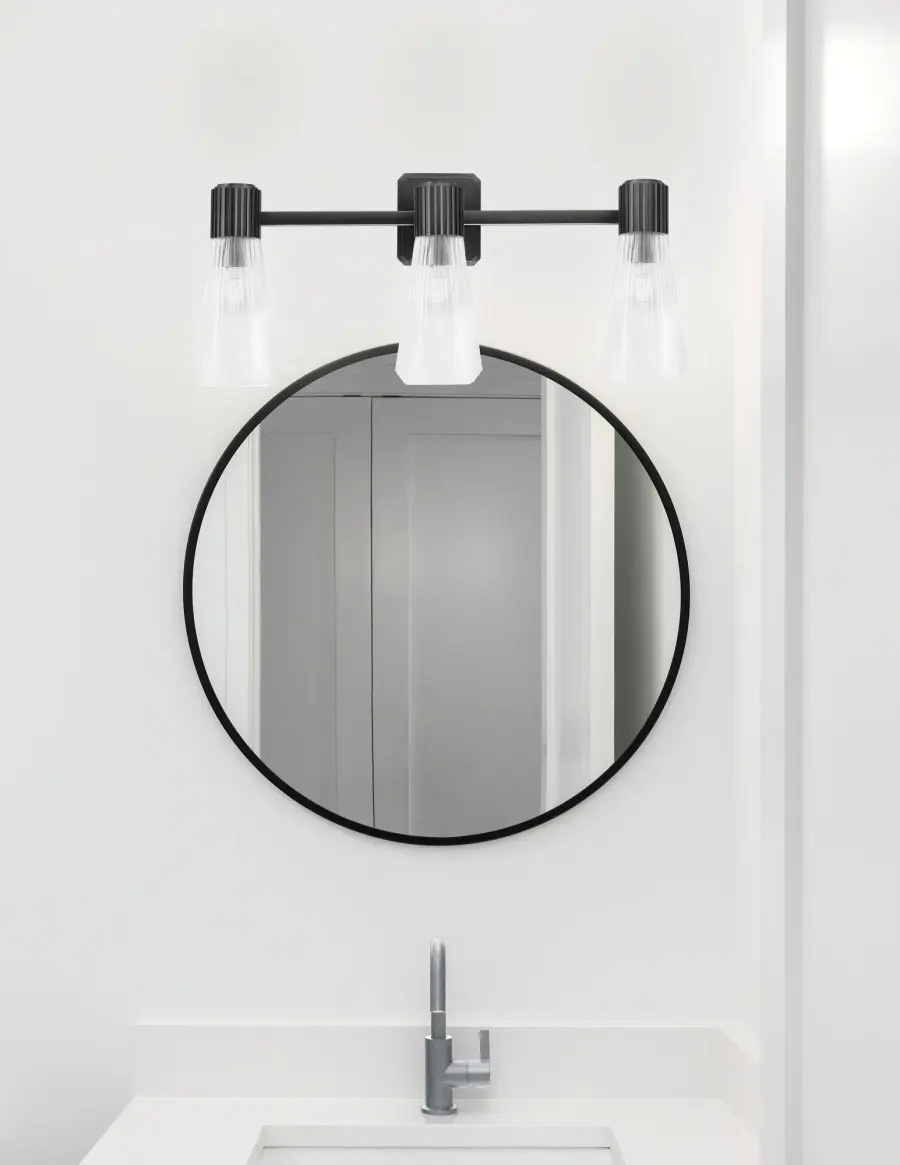Everleigh 3 Light Bath Bar in Matte Black with Clear Ribbed Glass - Image 3