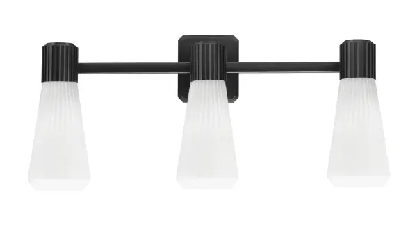 The Everleigh 3 Light Bath Bar delivers sleek contemporary style with its matte black finish and ribbed white opal glass shades. At 25 inches wide, it provides excellent task lighting for medium to large vanities with flexible mounting options.