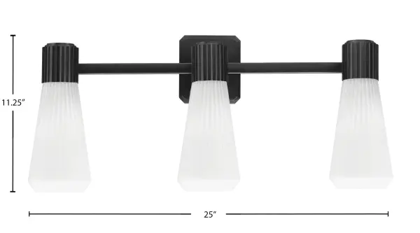 The Everleigh 3 Light Bath Bar delivers sleek contemporary style with its matte black finish and ribbed white opal glass shades. At 25 inches wide, it provides excellent task lighting for medium to large vanities with flexible mounting options. - alternate view